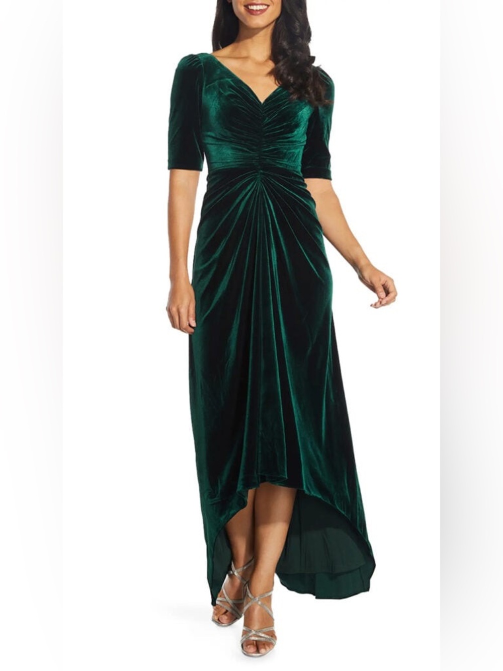 Adrianna Papell Regal Green Velvet V-Neck Ruched High-Low Dress, Size 22W